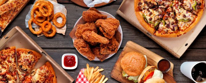 A full spread of deep-fried and greasy foods.