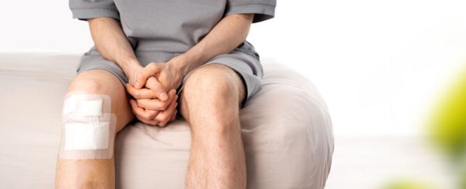 Patient with a bandaged knee sitting on an exam table